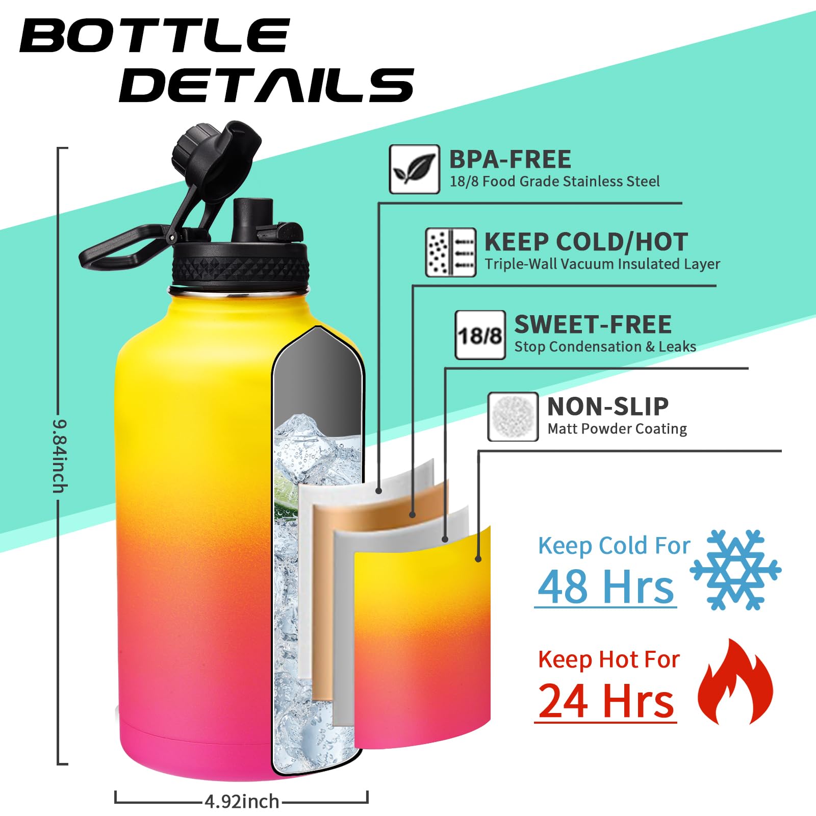 64oz Water Bottle Stainless Steel - with Paracord Handle  Straw & Auto Spout Lids  Shoulder Carrier Bag & Insulated Bottle Protective Boot  Sweat-Proof Half Gallon Metal Insulated Flask Wide-mouth